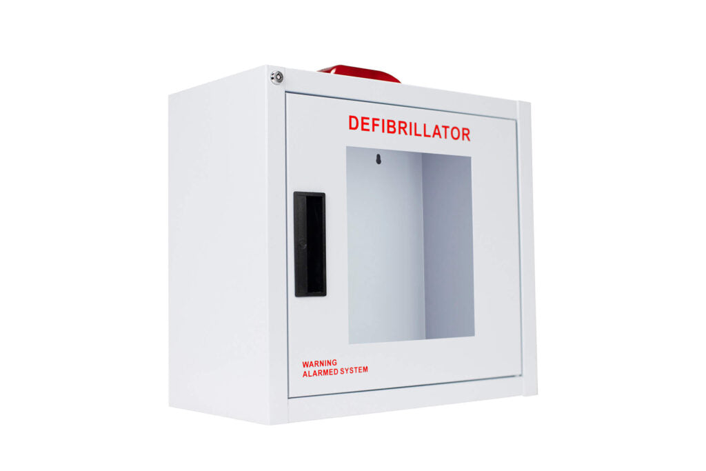 Standard AED Wall Cabinet with Alarm and Strobe Front and Side Close Up