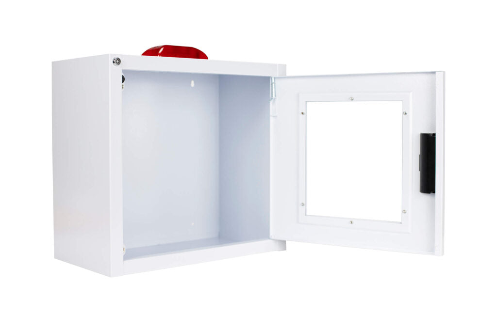 Standard AED Wall Cabinet with Alarm and Strobe Front and Side with Door Open