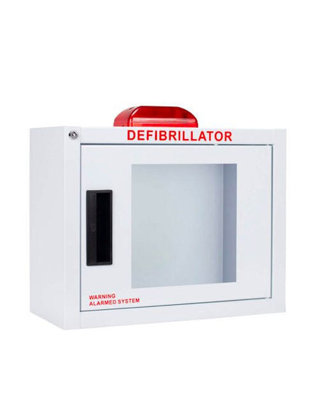 Compact AED Wall Cabinet with Alarm and Strobe - Front/Side View