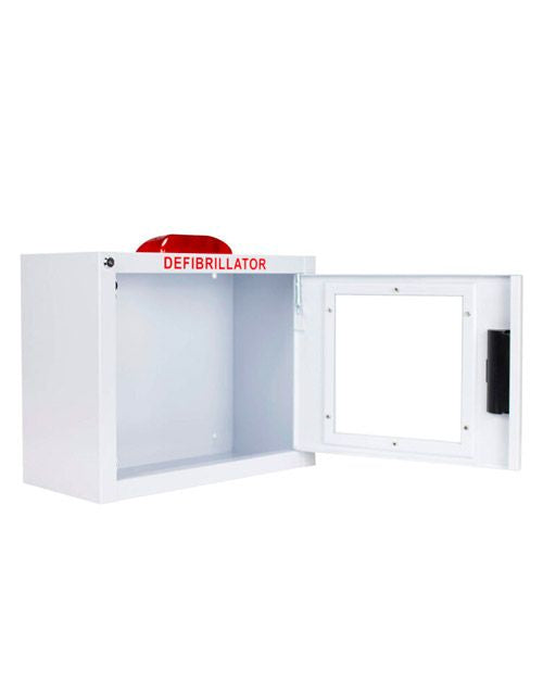 Compact AED Wall Cabinet with Alarm and Strobe - Front/Side View with Door Open