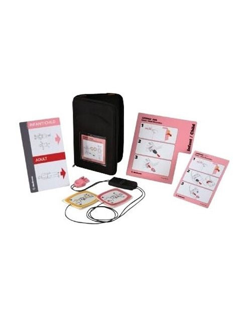 Physio-Control LIFEPAK automated external defibrillator AED Infant/Child Electrode Pads Kit showing  instructions, case, and pads. 