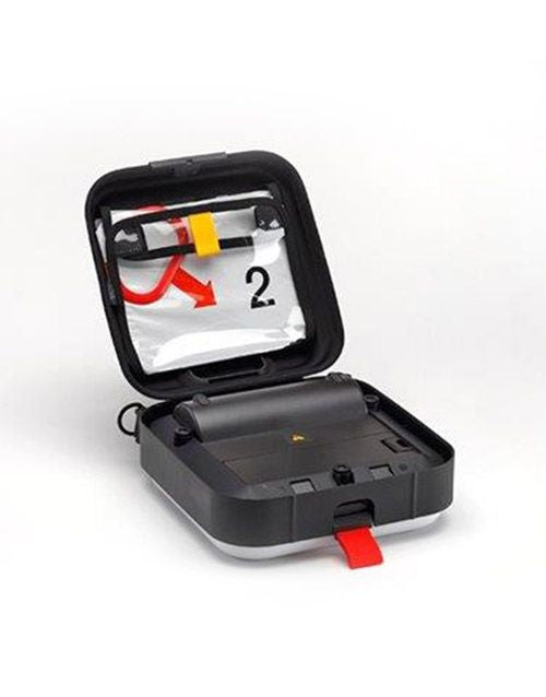Physio-Control LIFEPAK CR2 AED Carrying Case back side open with CR2 AED and extra AED pads 