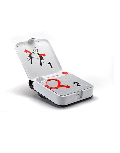 Physio-Control LIFEPAK CR2 AED Open View from side with AED pads installed 
