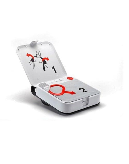 Physio-Control LIFEPAK CR2 AED Open View from side with AED pads installed 