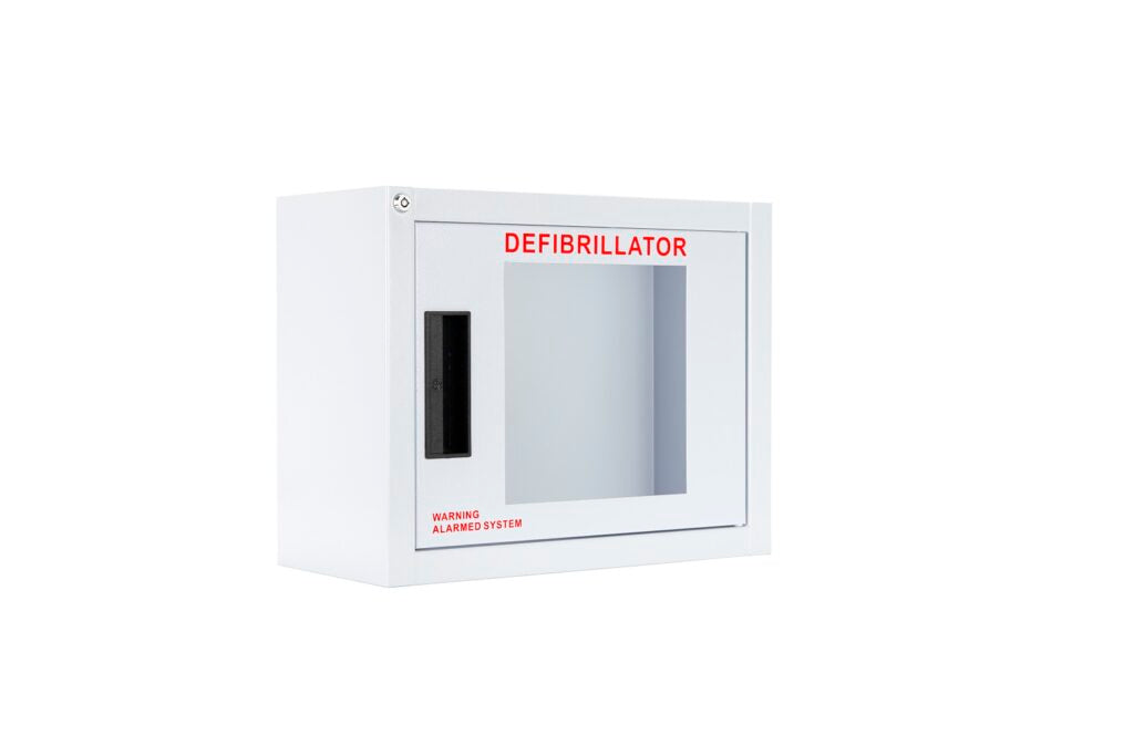 Standard AED Wall Cabinet with Alarm Front and Side View