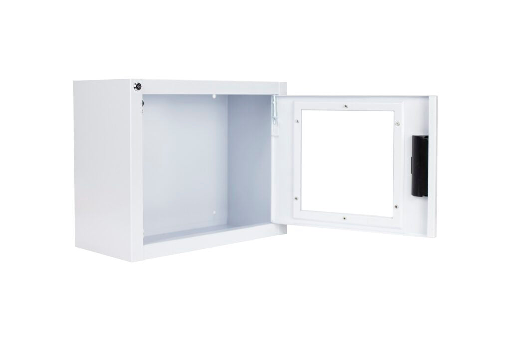 Standard AED Wall Cabinet with Alarm Front and Side View with Door Open