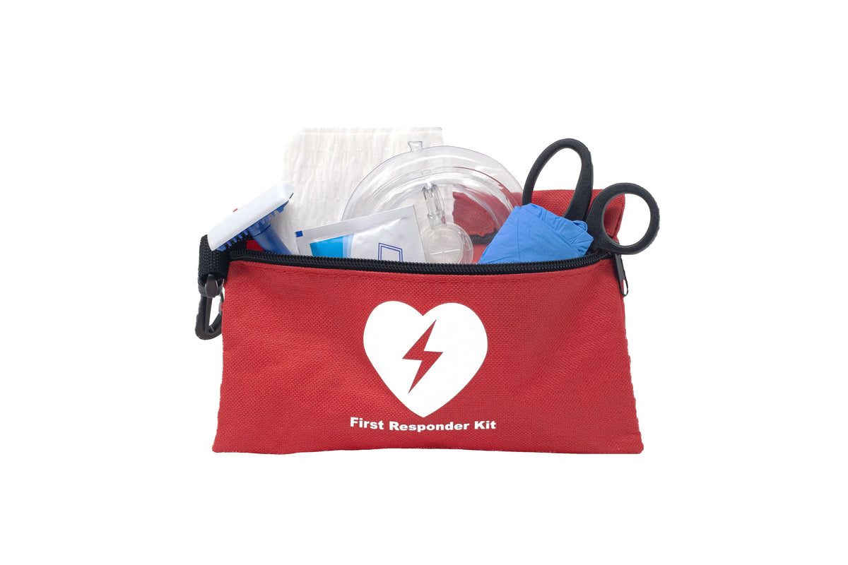 Red first responder kit with scissors, gloves, razor and CPR barrier mask for AED rescue