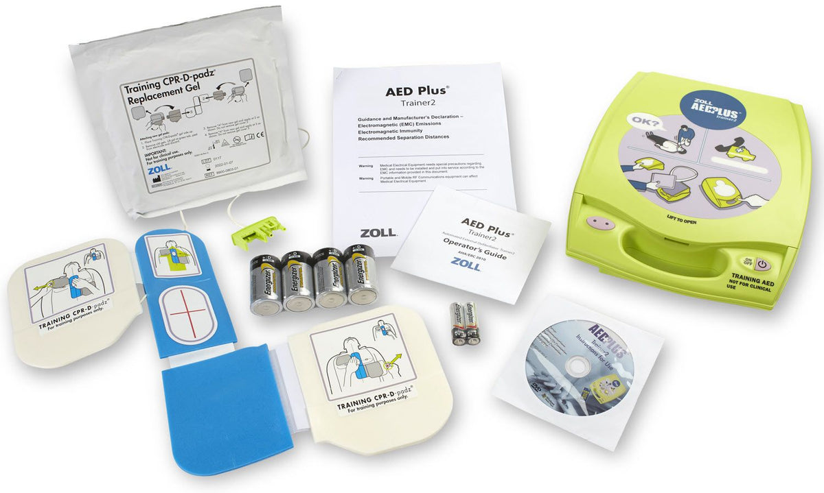 ZOLL AED Plus Automated External Defibrillator Trainer II contents with AED Trainer Batteries and AED Trainer CPR Pads