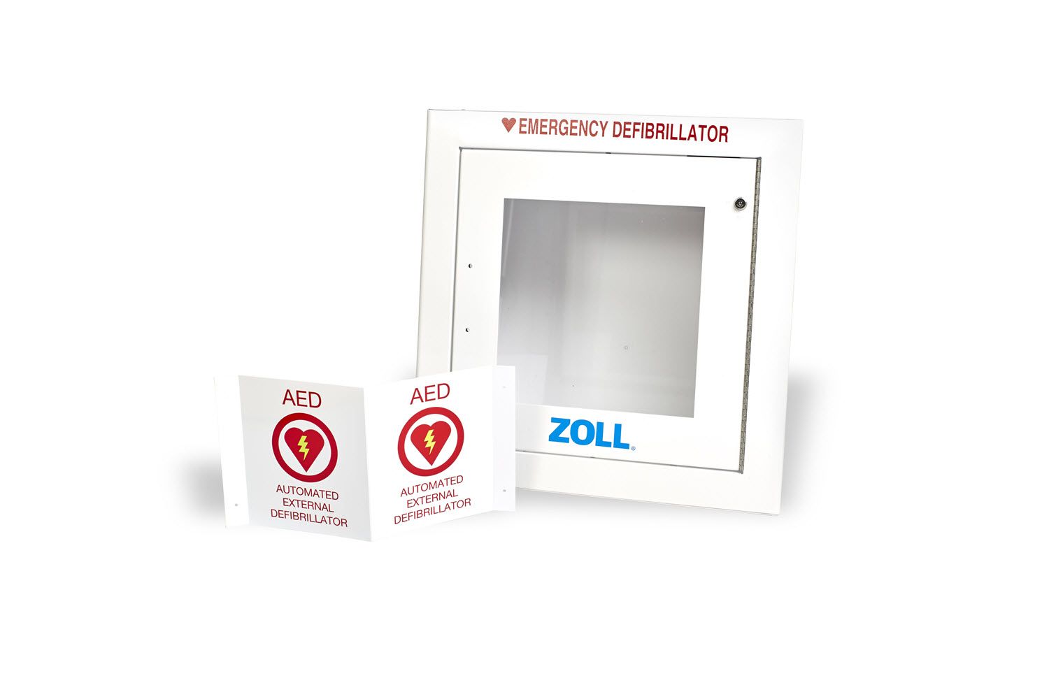 ZOLL AED Plus Semi-Recessed Wall Cabinet with AED 3-D wall sign shown 