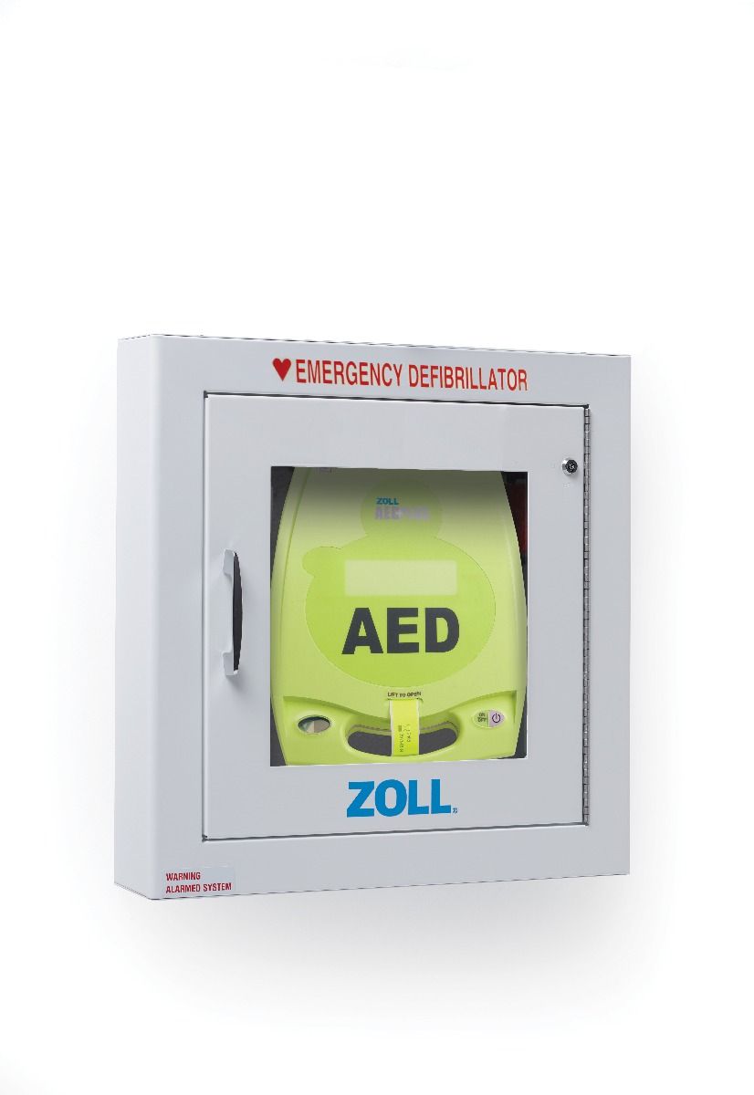 ZOLL AED Plus Semi-Recessed Wall Cabinet with AED Plus shown inside 